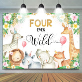 Lofaris Four Ever Wild Animals Pink Floral 4th Birthday Backdrop for Girls